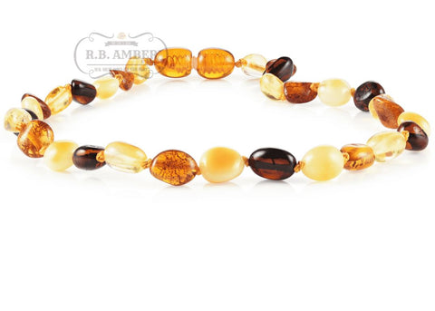 Image of Baltic Amber Necklace for Children - CLEARANCE - Screw Clasp Teething Jewelry R.B. Amber Jewelry 14-15 inches Multi Bean 