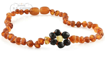 Baltic Amber Necklace for Children - Pop Clasp Teething Jewelry R.B. Amber Jewelry 10-11 inches Raw Cognac Flower 
