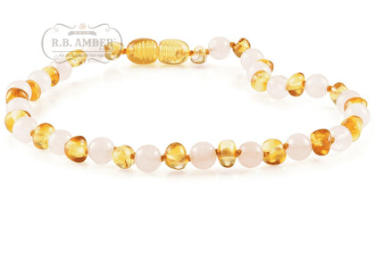 Baltic Amber/Gemstone Children's Necklace Teething Jewelry R.B. Amber Jewelry 10-11 inches Honey Rose Quartz 