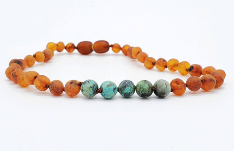 Image of Baltic Amber/Gemstone Children's Necklace Teething Jewelry R.B. Amber Jewelry 10-11 inches Raw Cognac African Turquoise 