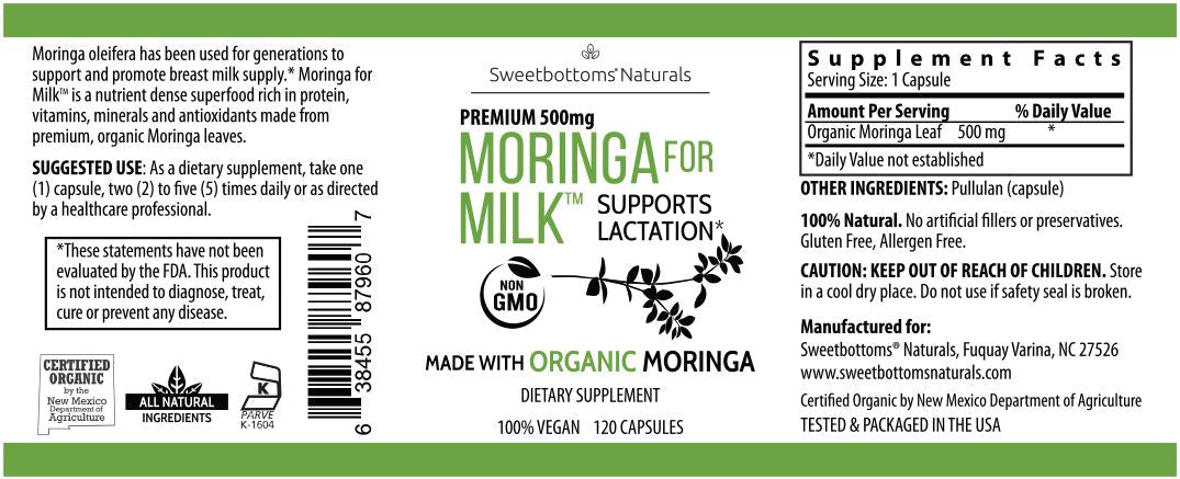 Organic Moringa for Milk™ Lactation Supplement - 120 Capsules - Sweetbottoms BoutiqueSweetbottoms Naturals