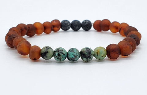 Image of Baltic Amber Aromatherapy Bracelet for Adults Jewelry R.B. Amber Jewelry Raw Cognac African Turquoise Lava 