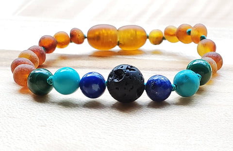 Image of Baltic Amber Aromatherapy Children's Bracelet Teething Jewelry R.B. Amber Jewelry Raw Cognac Turquoise Ombre 
