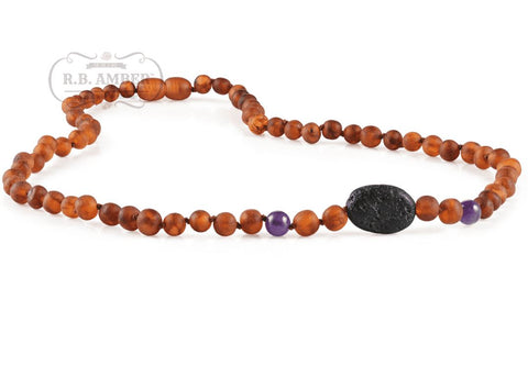 Image of Baltic Amber Aromatherapy Necklace for Adults Jewelry R.B. Amber Jewelry 18-20 inches Raw Cognac/Amethyst Lava Pendant 
