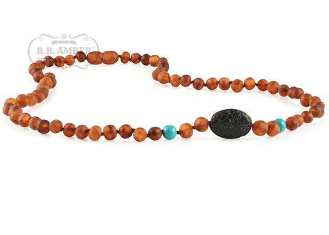 Image of Baltic Amber Aromatherapy Necklace for Adults Jewelry R.B. Amber Jewelry 18-20 inches Raw Cognac/Turquoise Lava Pendant 