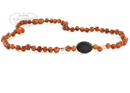 Baltic Amber Aromatherapy Necklace for Adults Jewelry R.B. Amber Jewelry 18-20 inches Raw Cognac/White Quartz Lava Pendant 