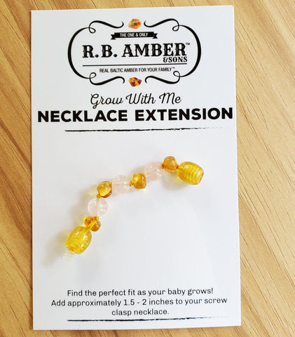 Image of Baltic Amber Jewelry Extender Teething Jewelry R.B. Amber Jewelry Honey Rose Quartz 