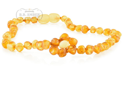 Image of Baltic Amber Necklace for Children - CLEARANCE - Screw Clasp Teething Jewelry R.B. Amber Jewelry 12-13 inches Raw Lemon Flower 