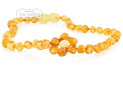 Baltic Amber Necklace for Children - CLEARANCE - Screw Clasp Teething Jewelry R.B. Amber Jewelry 12-13 inches Raw Lemon Flower 