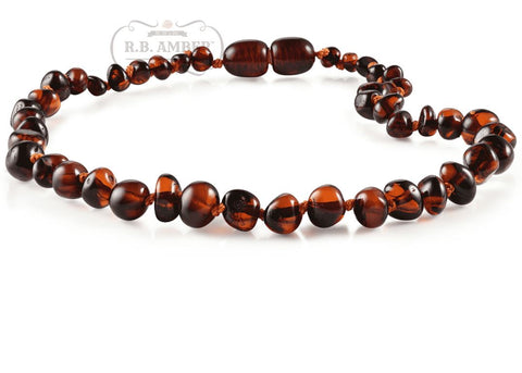 Image of Baltic Amber Necklace for Children - Pop Clasp Teething Jewelry R.B. Amber Jewelry 10-11 inches Dark Cognac 
