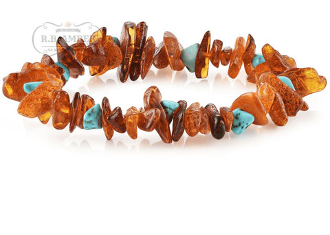Image of Baltic Amber/Gemstone Bracelet for Adults Jewelry R.B. Amber Jewelry Cognac Chip Turquoise 