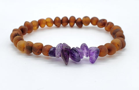 Image of Baltic Amber/Gemstone Bracelet for Adults Jewelry R.B. Amber Jewelry Raw Cognac Amethyst Chip 
