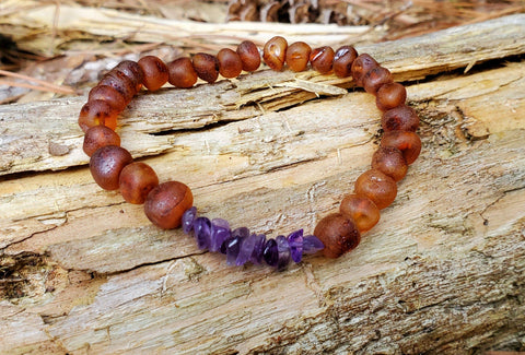 Image of Baltic Amber/Gemstone Bracelet for Adults Jewelry R.B. Amber Jewelry Raw Cognac Amethyst Chip 