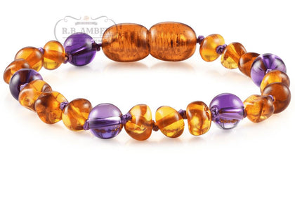 Baltic Amber/Gemstone Children's Bracelet Teething Jewelry R.B. Amber Jewelry Cognac Amethyst 