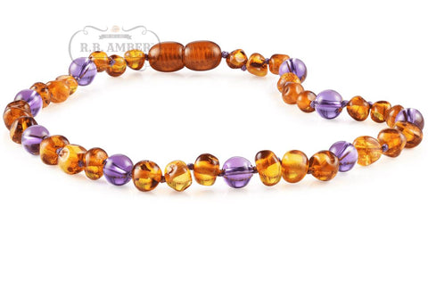 Image of Baltic Amber/Gemstone Children's Necklace Teething Jewelry R.B. Amber Jewelry 10-11 inches Cognac Amethyst 