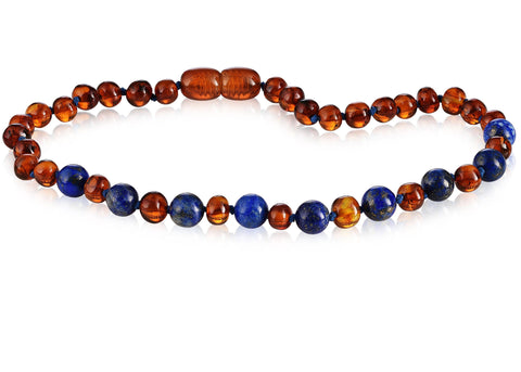 Image of Baltic Amber/Gemstone Children's Necklace Teething Jewelry R.B. Amber Jewelry 10-11 inches Cognac Lapis Lazuli 
