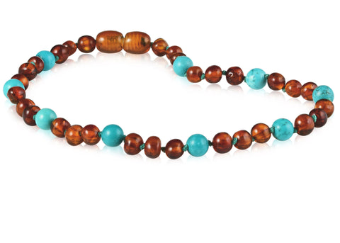 Image of Baltic Amber/Gemstone Children's Necklace Teething Jewelry R.B. Amber Jewelry 10-11 inches Cognac Turquoise 