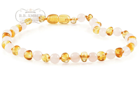 Image of Baltic Amber/Gemstone Children's Necklace Teething Jewelry R.B. Amber Jewelry 10-11 inches Honey Rose Quartz 