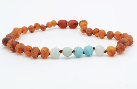 Image of Baltic Amber/Gemstone Children's Necklace Teething Jewelry R.B. Amber Jewelry 10-11 inches Raw Cognac Amazonite 