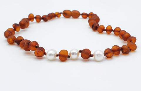 Image of Baltic Amber/Gemstone Children's Necklace Teething Jewelry R.B. Amber Jewelry 10-11 inches Raw Cognac Pearl 