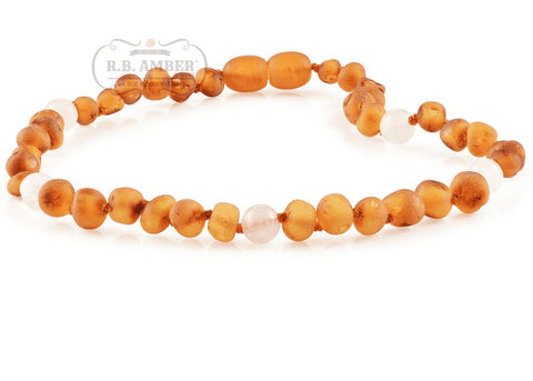 Image of Baltic Amber/Gemstone Children's Necklace Teething Jewelry R.B. Amber Jewelry 10-11 inches Raw Cognac Rose Quartz 