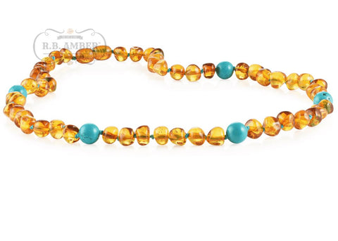 Image of Baltic Amber/Gemstone Necklace for Adults Jewelry R.B. Amber Jewelry 17-19 inches Cognac Turquoise 