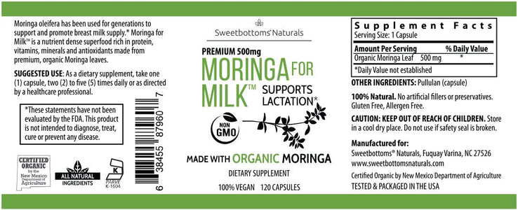 Organic Moringa for Milk™ Lactation Supplement - 120 Capsules Mom | Maternity Sweetbottoms Naturals 